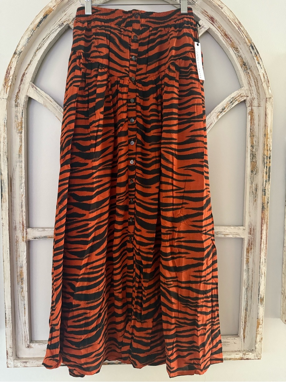 Button-Front Tiger Stripe Maxi Skirt in Orange/Black